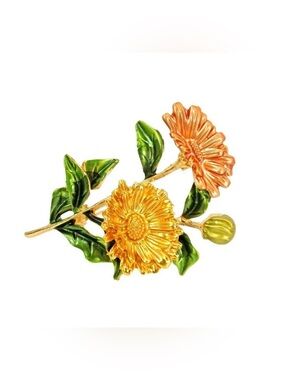 Flower brooch pin with yellow and orange flowers, green leaves, gold trim  New
